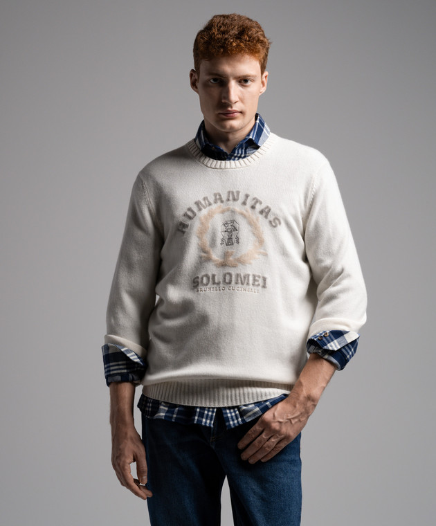 Brunello Cucinelli Білий джемпер з кашеміру з вишивкою емблеми логотипа M22707300 зображення 3