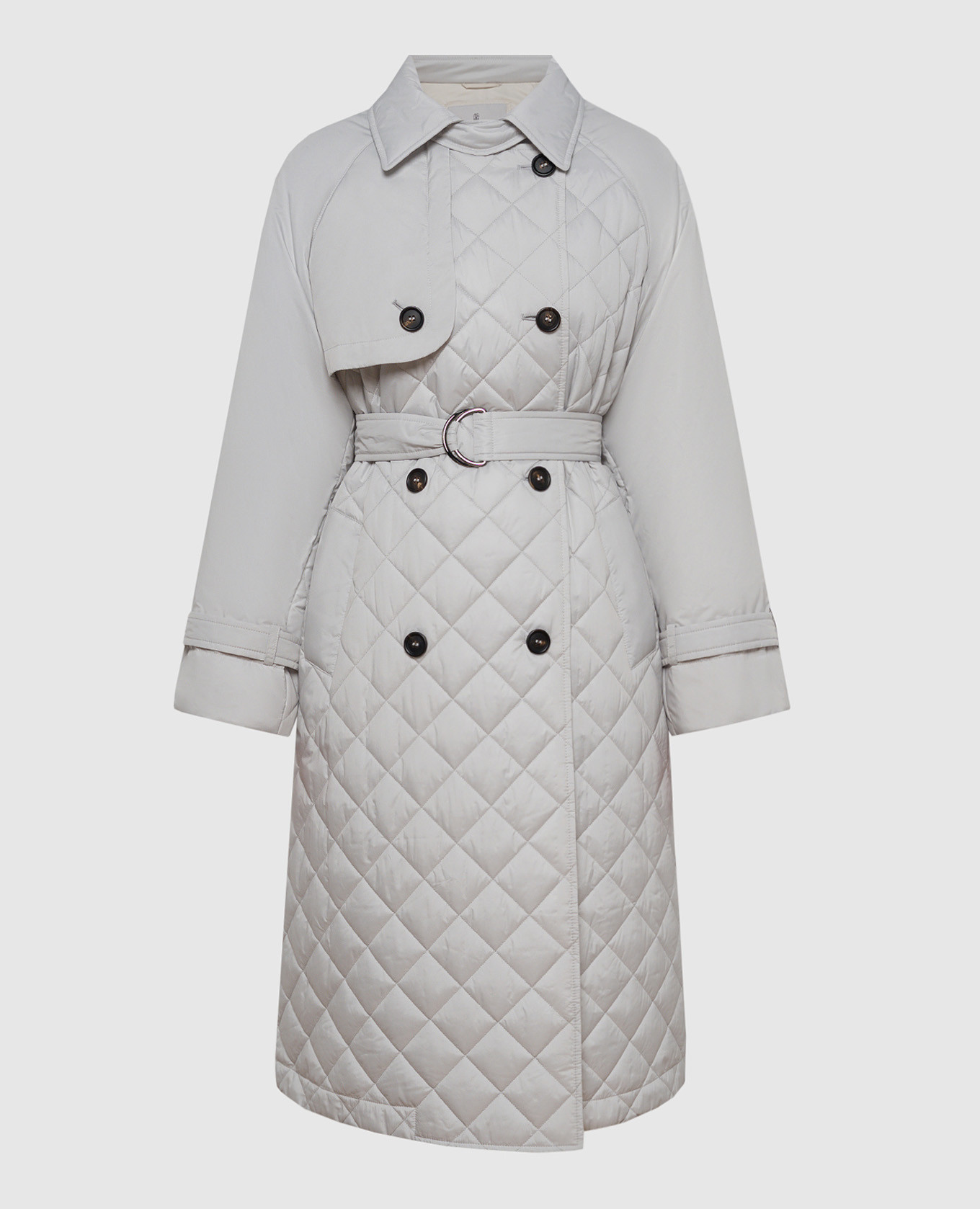 Gray quilted trench coat with monil chain
