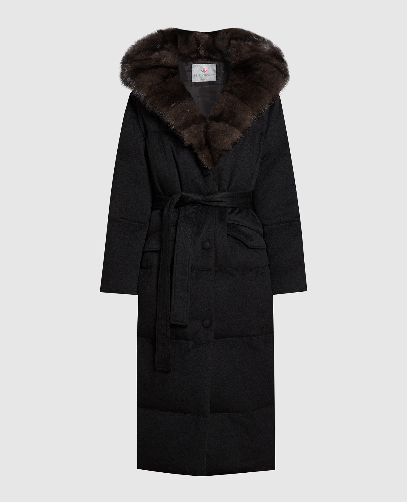 

Черный пуховик из кашемира с мехом соболя, Пуховики