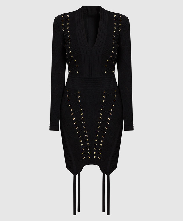 Balmain Чорна сукня міні в текстури з шнурівкою YF1R8519KC28