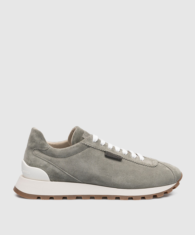 Brunello Cucinelli Gray suede sneakers with monil chain MZSFG2110