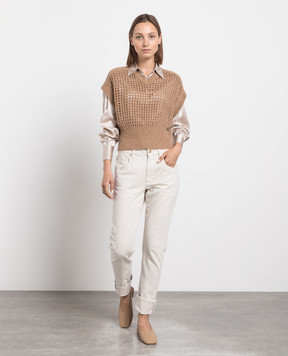 Brunello Cucinelli Бежевый ажурный жилет из шерсти, кашемира и мохера MGP557512P