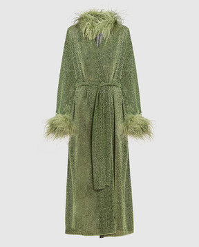 Oseree Lumiere Plumage green robe with lurex and ostrich feathers LFS238LUREXPLUMAGE