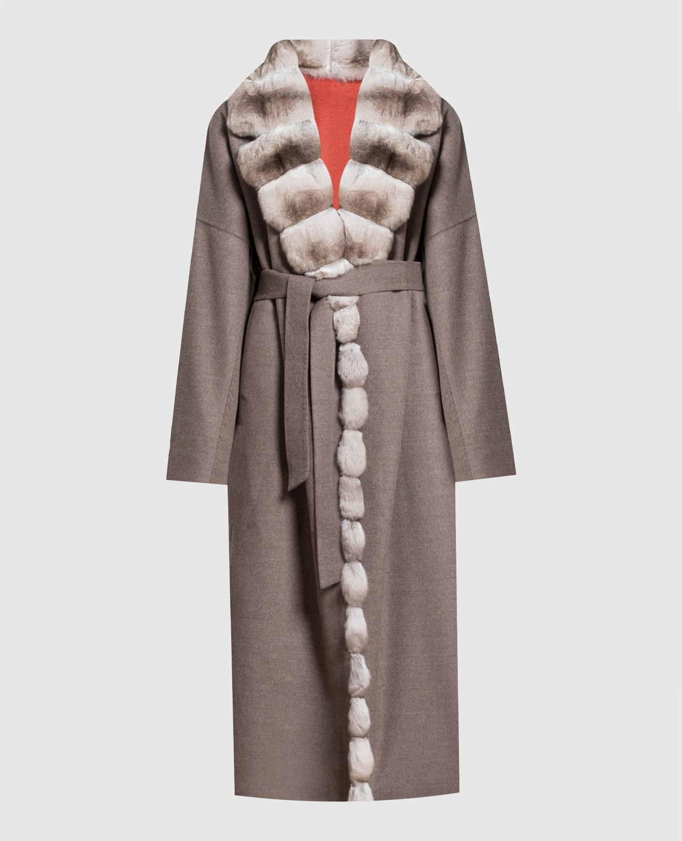 Коричневое пальто из кашемира с мехом шиншиллы