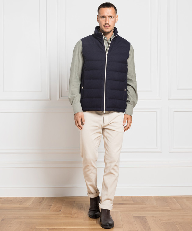 Brunello Cucinelli - Blue down vest made of wool, cashmere and silk ...