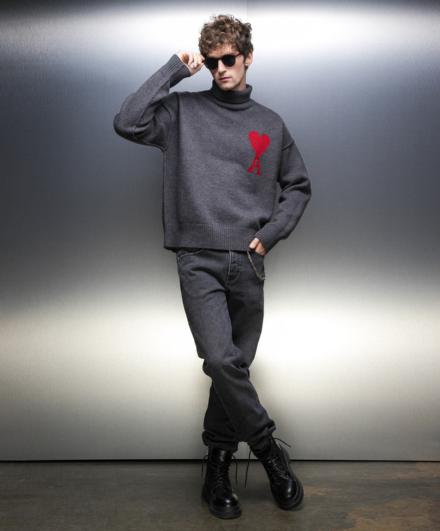 Ami Paris Серый свитер из шерсти с логотипом BFUKS406018 изображение 2