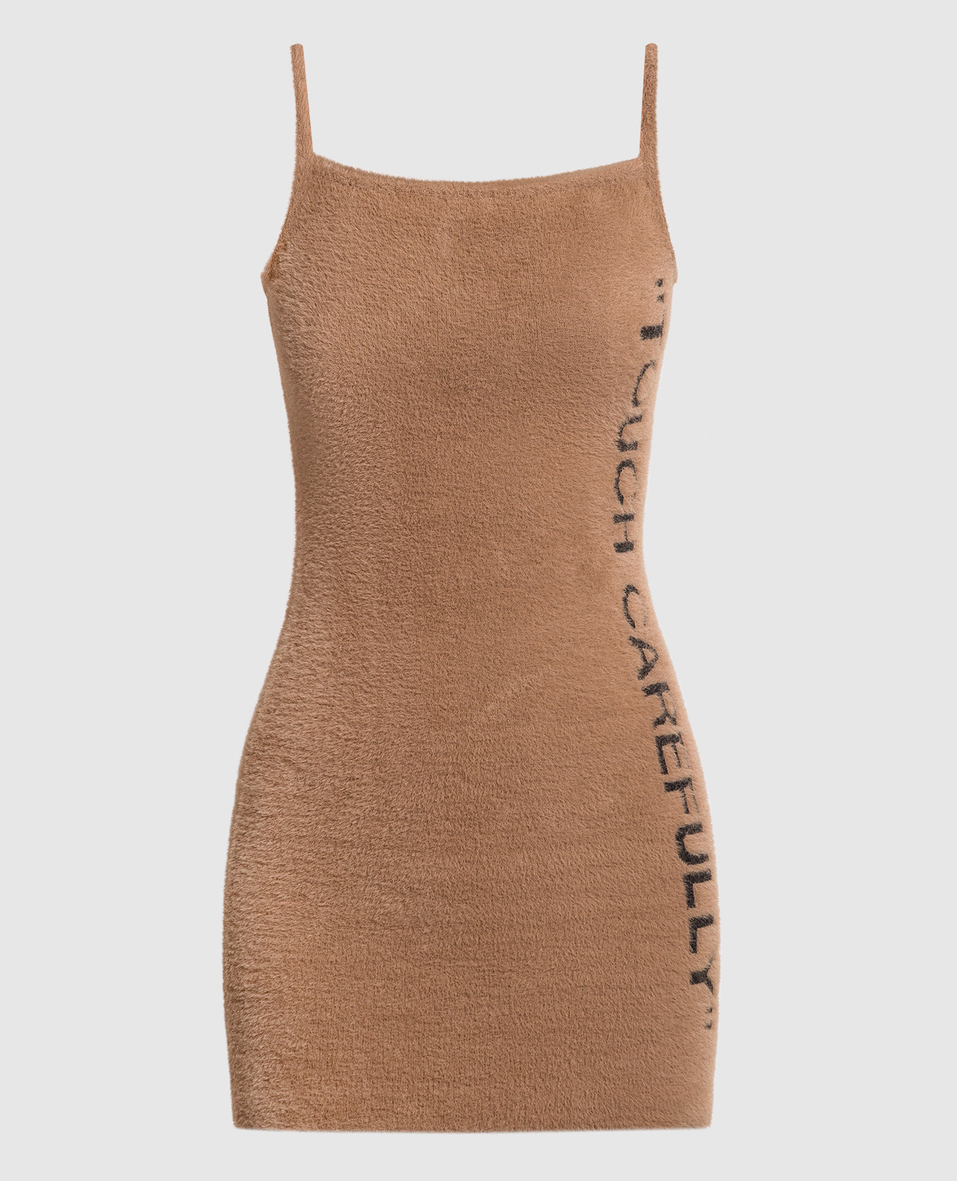 Brown mini dress with contrasting inscription Touch carefully