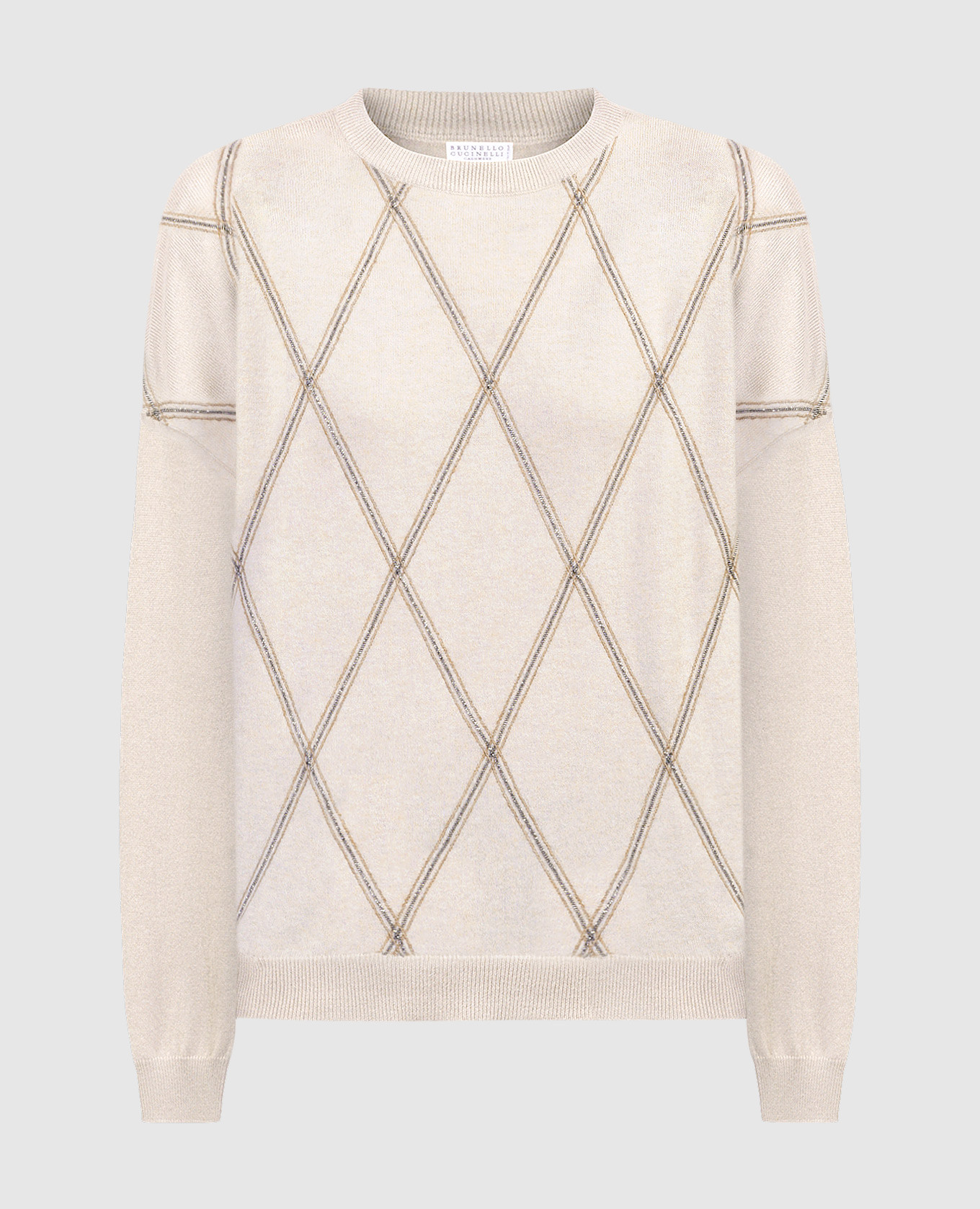 Beige wool, cashmere and silk jumper in a geometric pattern with a monil chain