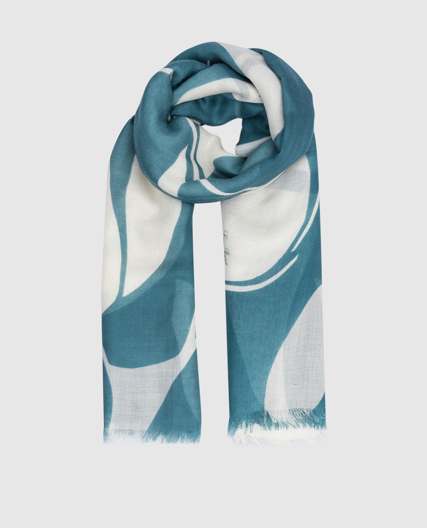 Темно-бирюзовый шарф из кашемира и шелка с принтом