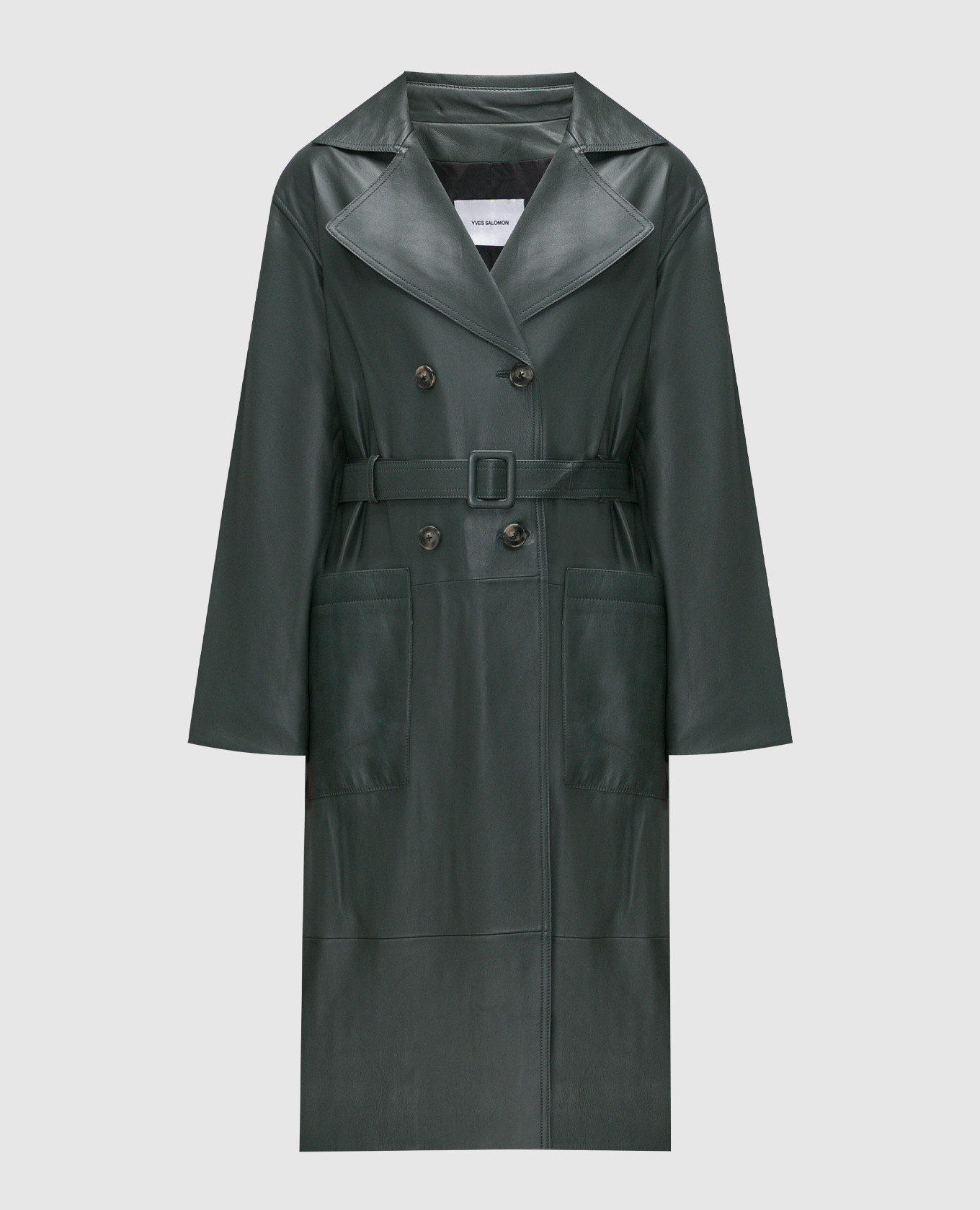 Green double-breasted leather trench coat