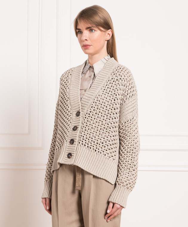 Brunello Cucinelli Бежевый кардиган с ажурной вязкой M8E367516 изображение 3