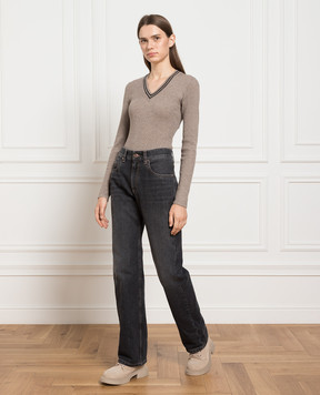Brunello Cucinelli Коричневый пуловер в рубчик с люрексом M9A844502