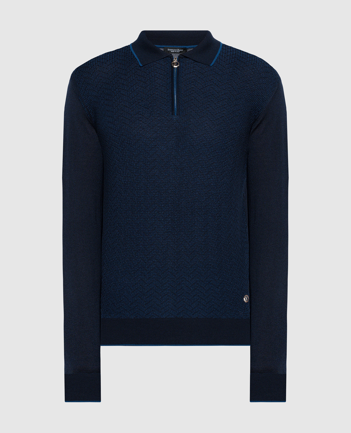 Blue cashmere and silk polo with a textured logo pattern