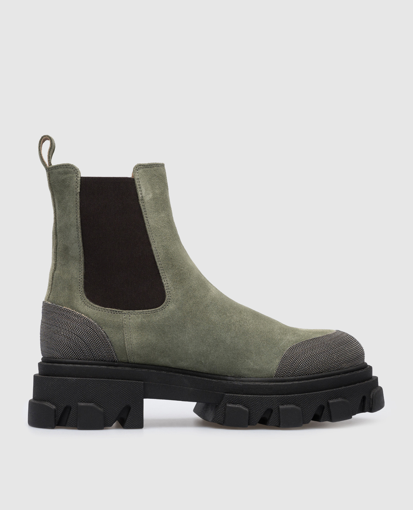 Green suede chelsea boots with monil chain