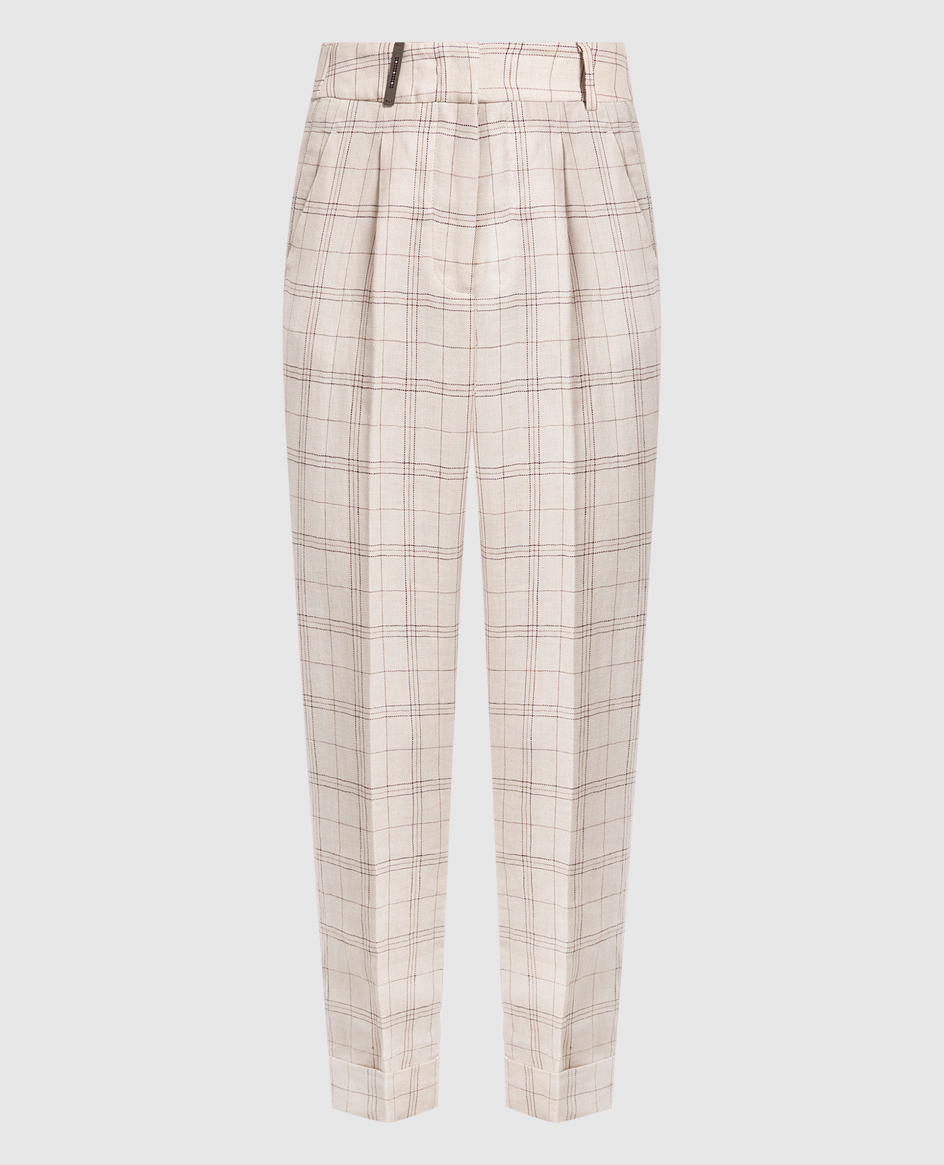 Light beige checked linen trousers with monil chain