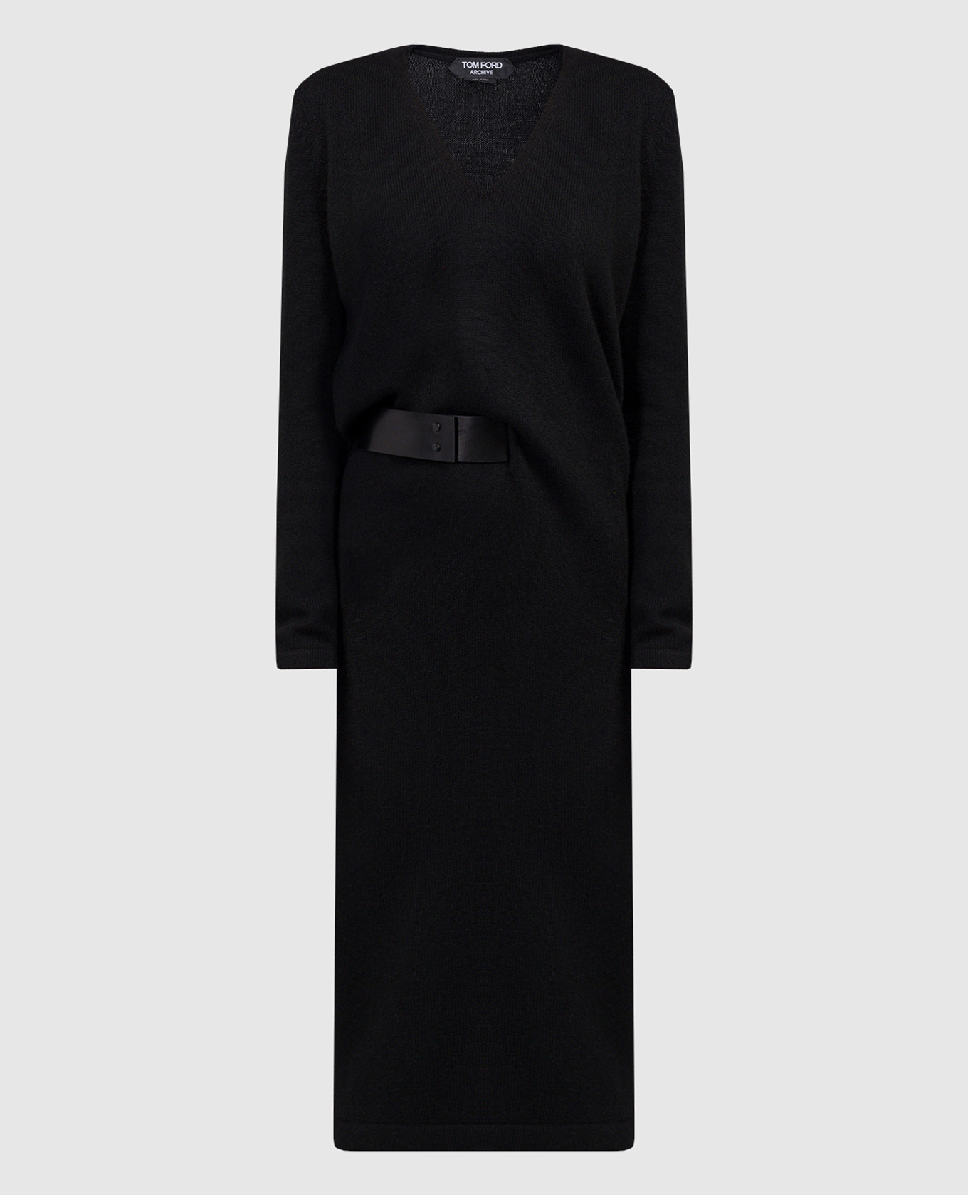 

Черное платье миди из кашемира с кожаным поясом, Черный, Повседневные платья