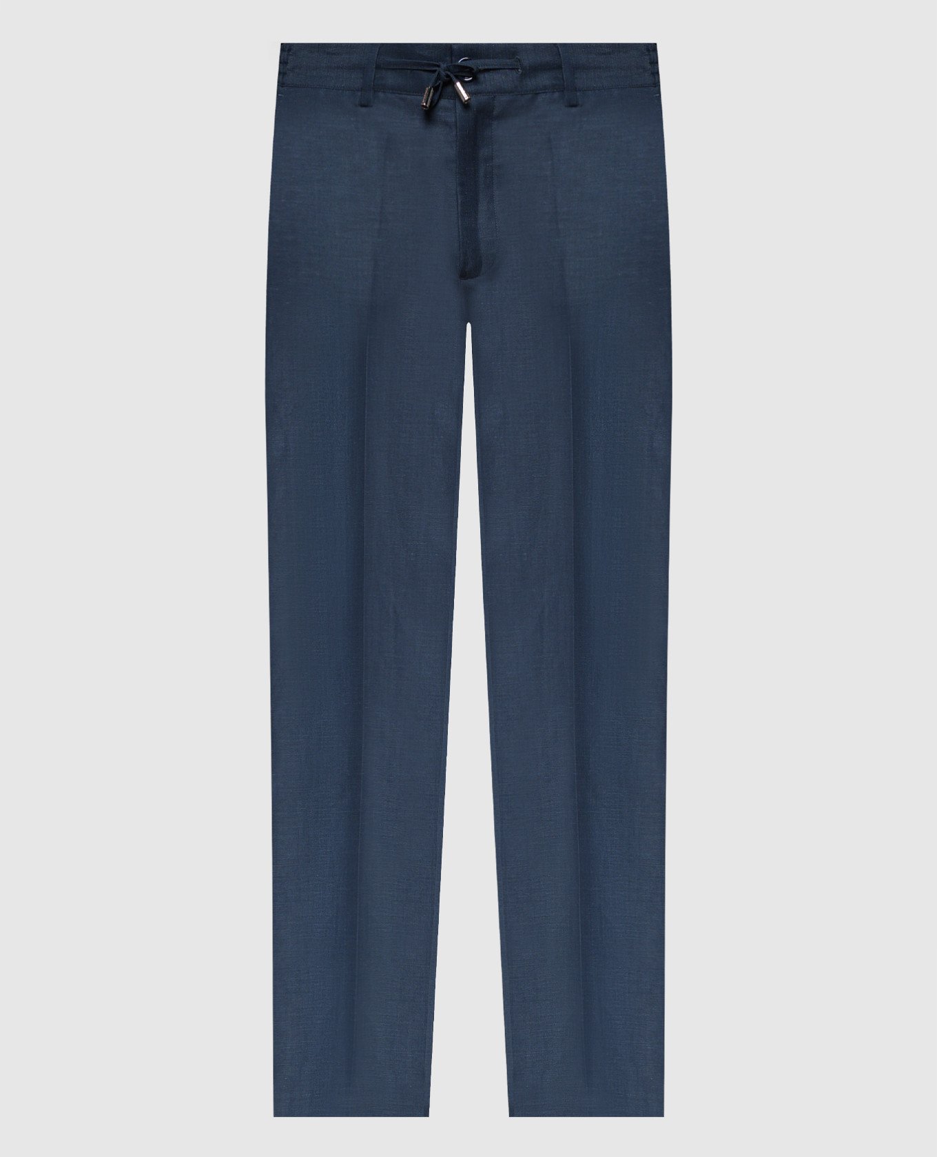 Blue trousers in wool and linen with a metallic logo