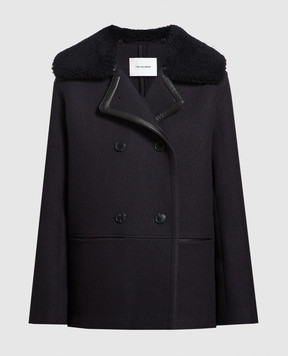 Yves Salomon Голубое двубортное пальто из шерсти с мехом 24WYV04069LVFC