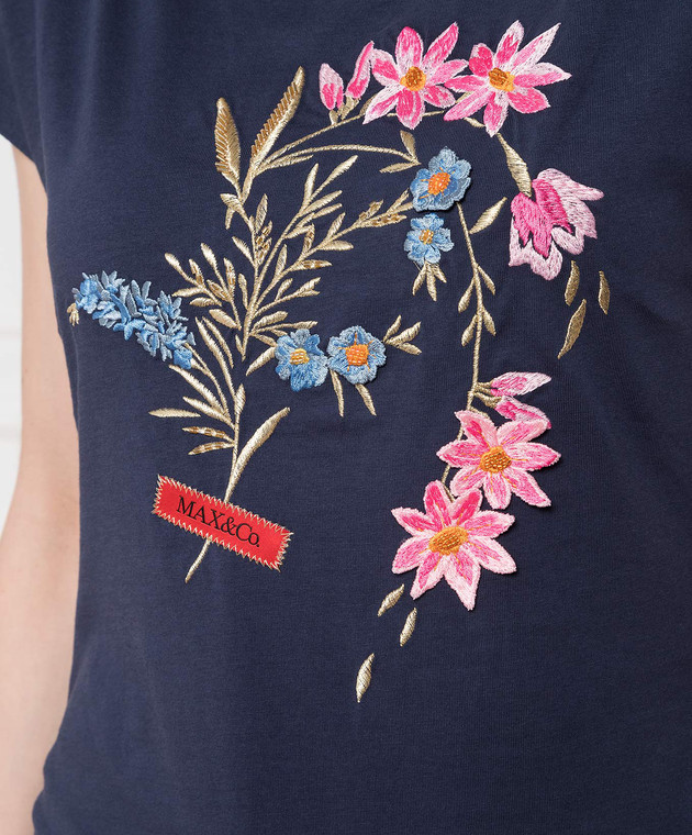Max & Co Темно-синя футболка з квітковою вишивкою та бісером DANILO зображення 4