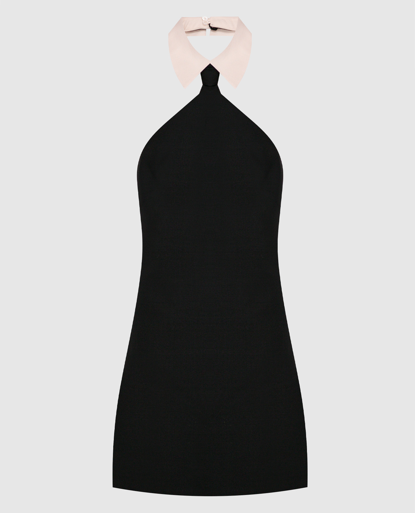 Черное платье мини из шерсти и шелка с открытыми плечами.