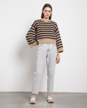 Brunello Cucinelli Коричневый свитер в полоску из шерсти, кашемира и шелка M6D367200P