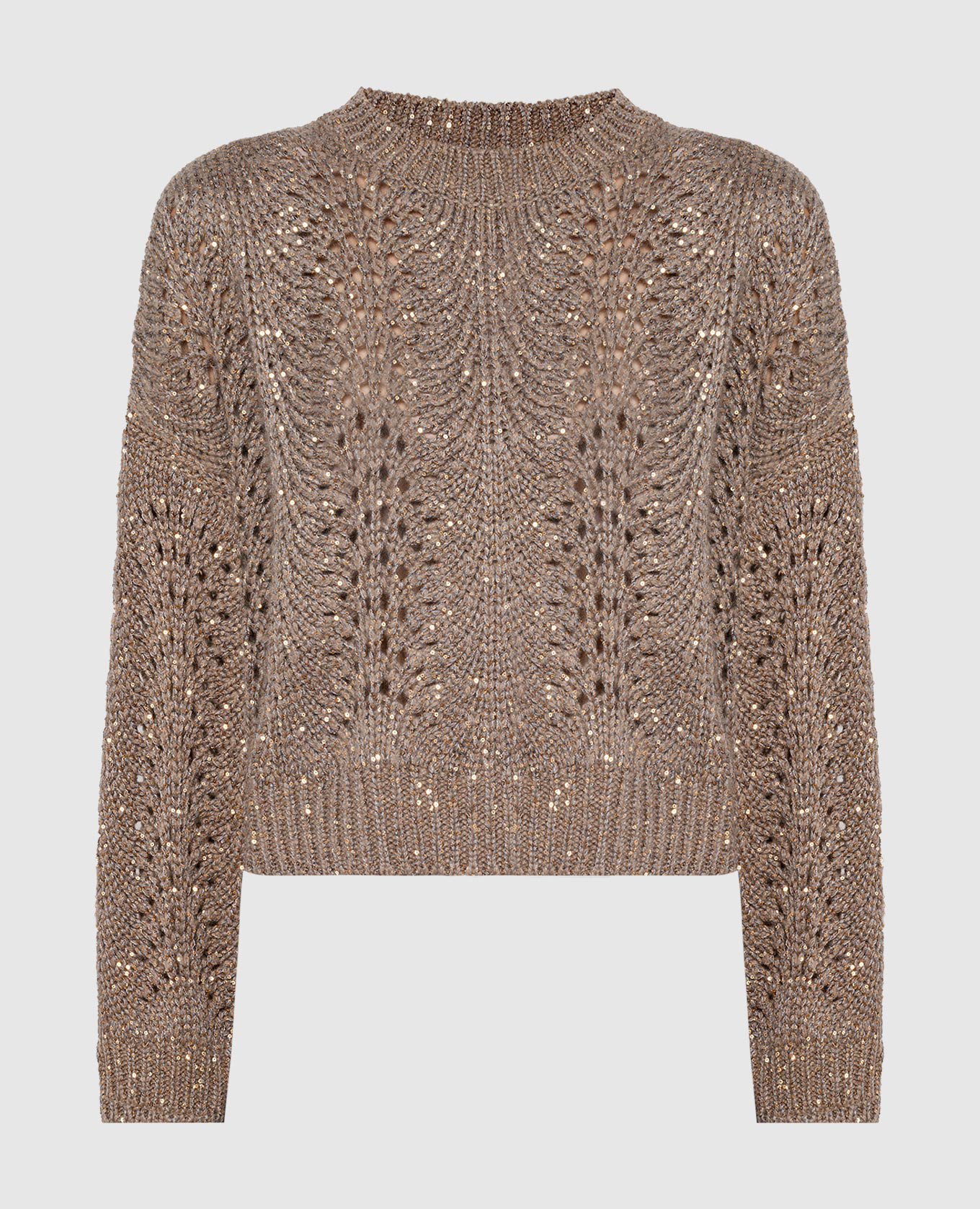 Brown openwork knit sweater with sequins