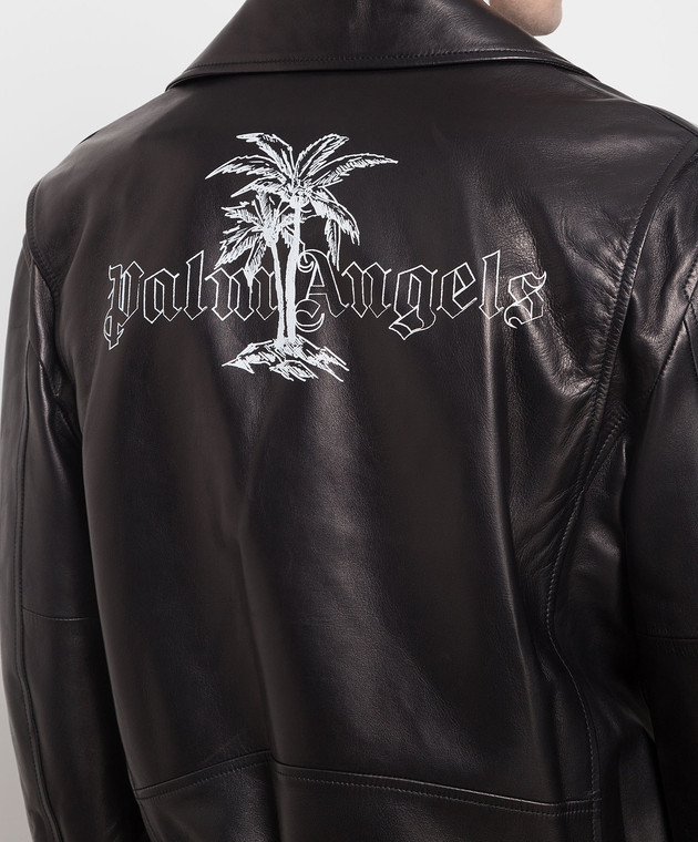 Palm Angels Black leather jacket with logo print PMJG011E23LEA001m image 5