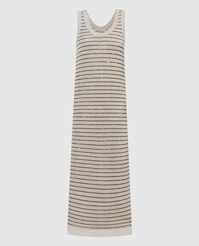 Brunello Cucinelli Бежевое платье в полоску с пайетками M78765A90