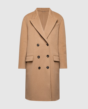 Brunello Cucinelli Коричневое двубортное пальто из шерсти и кашемира с цепочкой мониль MD5329728