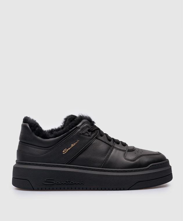 Santoni Black leather sneakers with fur WBSA61160NEOPXWL