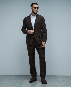 Brunello Cucinelli Коричневый костюм из шерсти, шелка и кашемира в клетку MY437LDWH