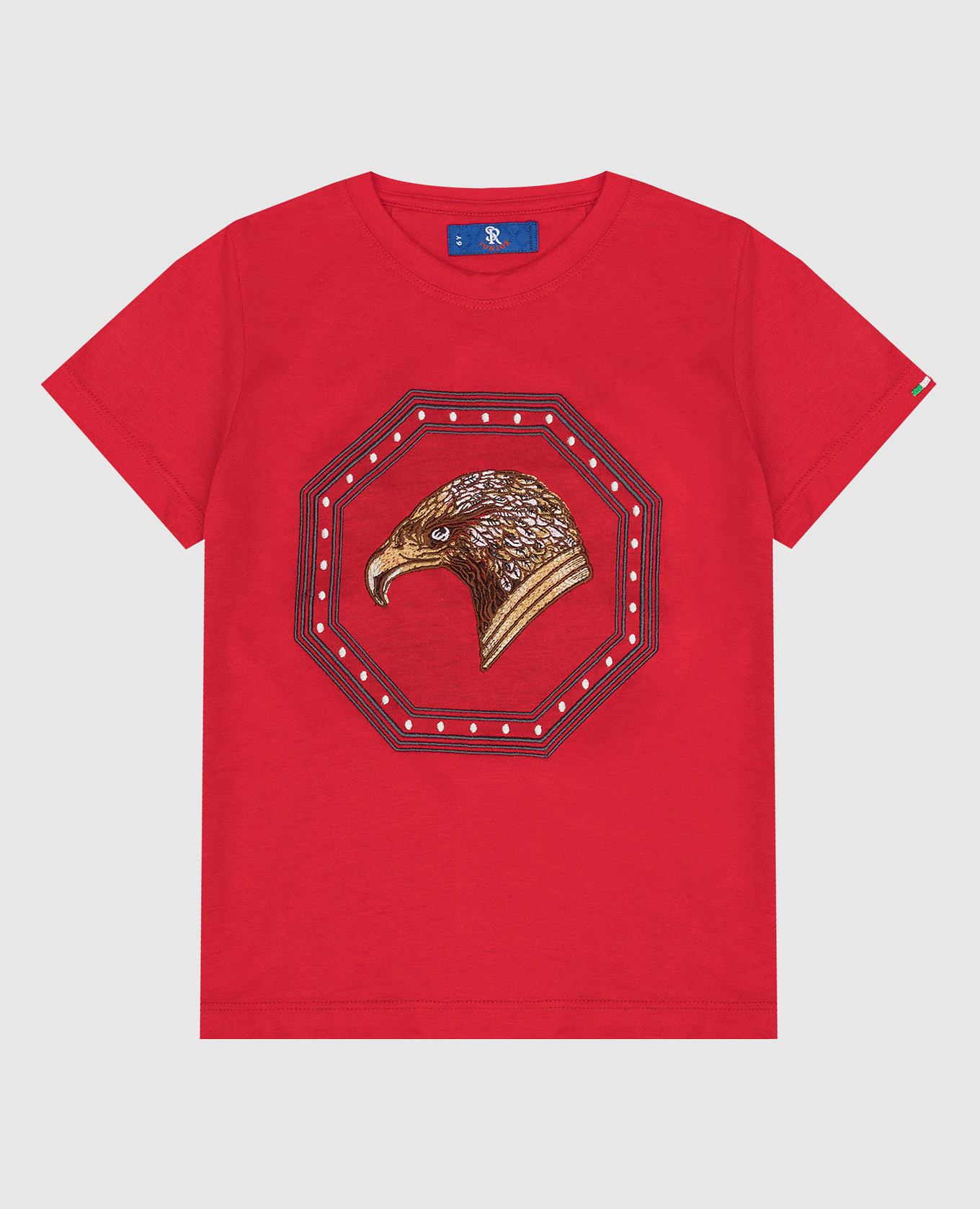 Children's red t-shirt with emblem embroidery